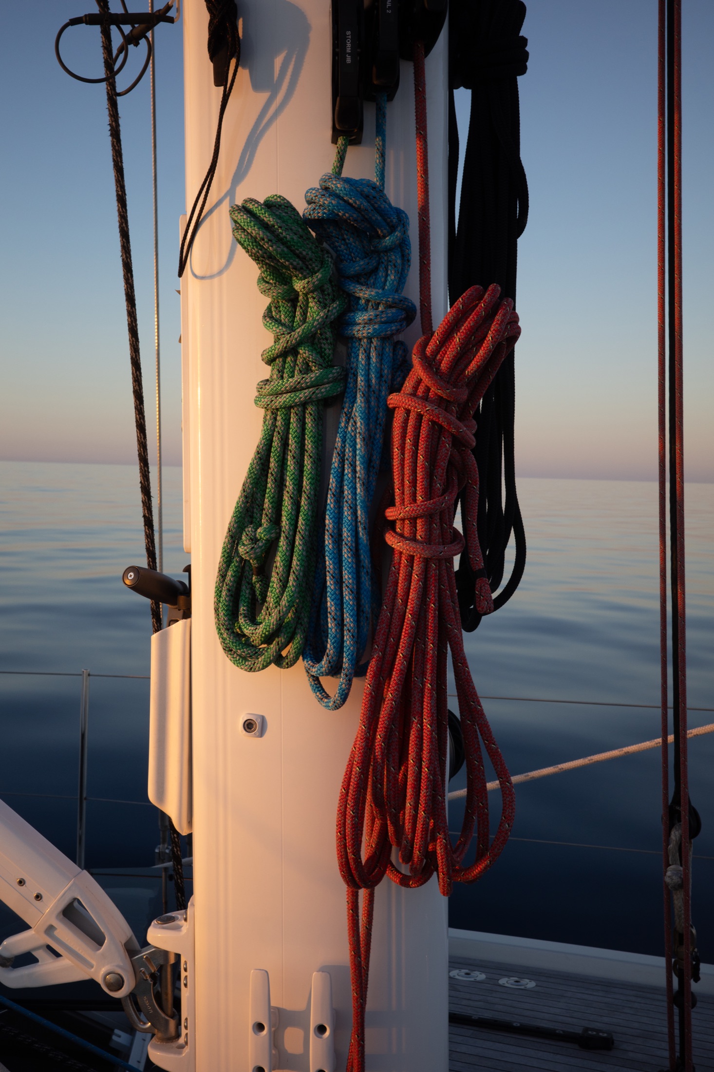 Running rigging and deck hardware aboard a yacht during a Mediterranean passage